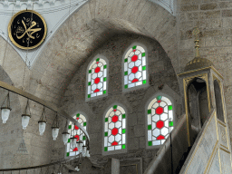 Stained glass windows and minbar at the Tekeli Mehmet Pasa Mosque