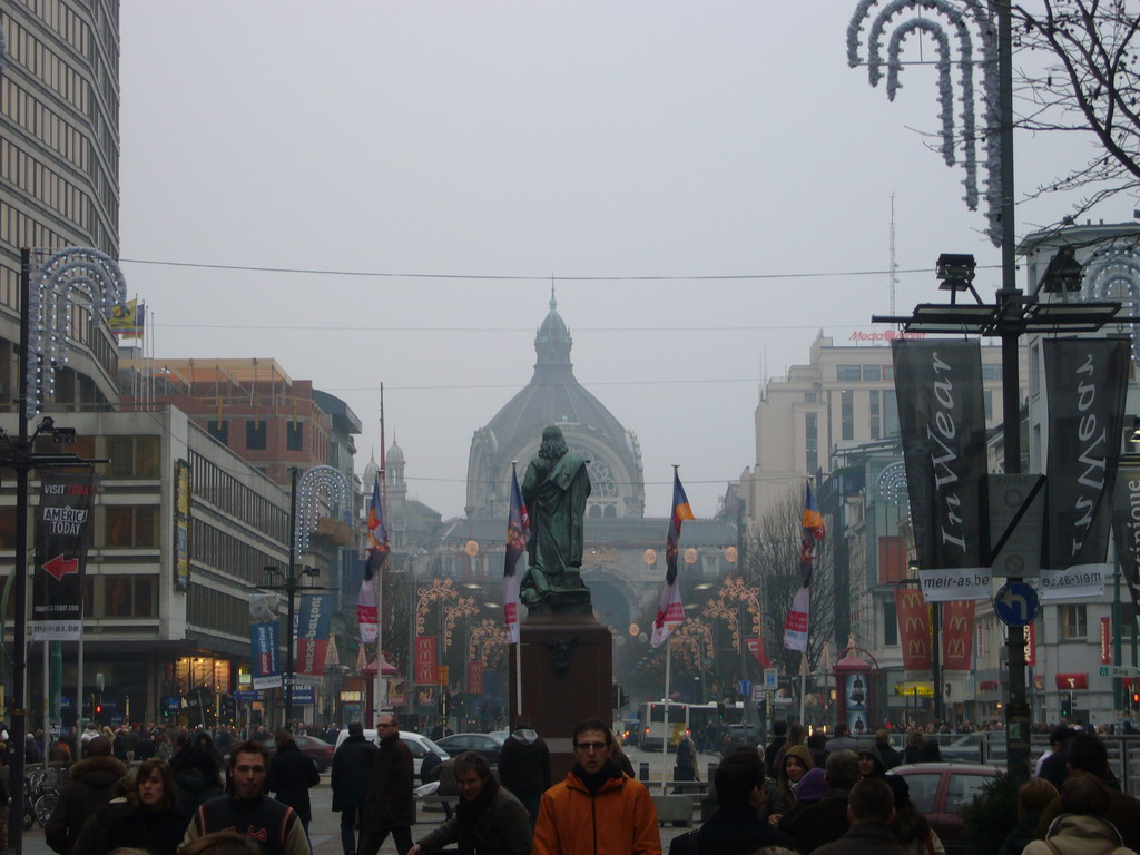 The Teniersplaats square with the statue of David Teniers the Younger, the Keyserlei street and the west side of the Antwerp Central Railway Station