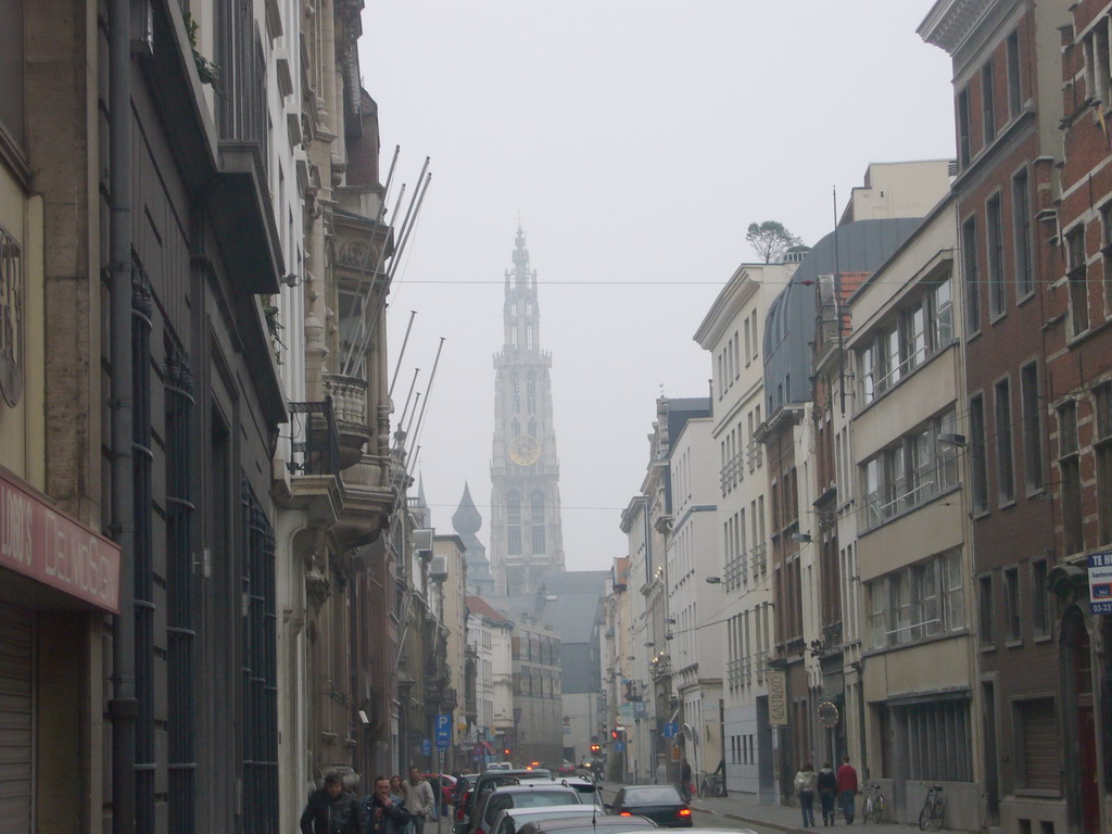 The Lange Nieuwstraat street and the tower of the Cathedral of Our Lady