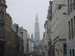 The Lange Nieuwstraat street and the tower of the Cathedral of Our Lady