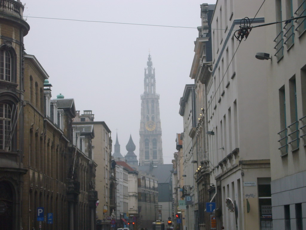 The Lange Nieuwstraat street and the tower of the Cathedral of Our Lady