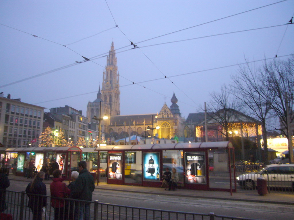 The Groenplaats square and the south side of the Cathedral of Our Lady, at sunset