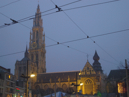 The south side of the Cathedral of Our Lady at the Groenplaats square, at sunset