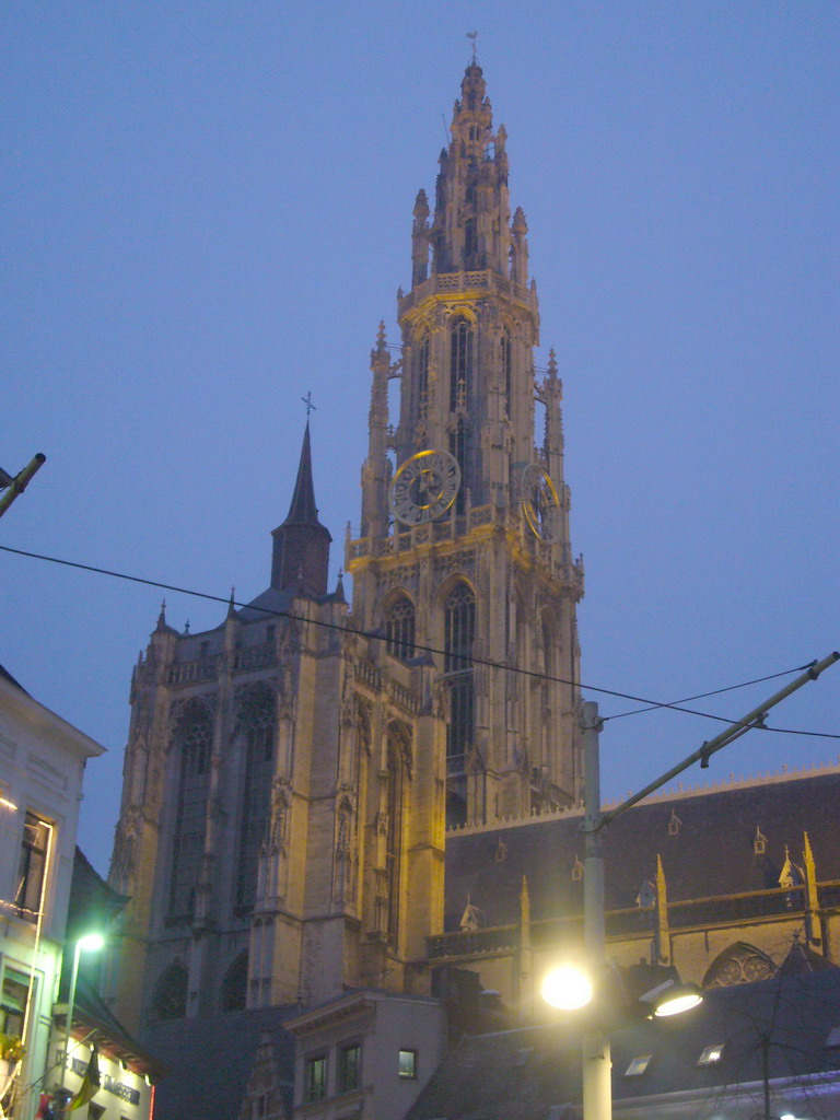 The tower of the Cathedral of Our Lady, viewed from the Groenplaats square, at sunset