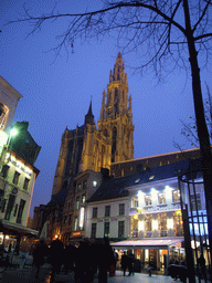 The south side of the Cathedral of Our Lady at the Groenplaats square, at sunset