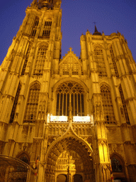 Facade of the Cathedral of Our Lady at the Handschoenmarkt square, by night