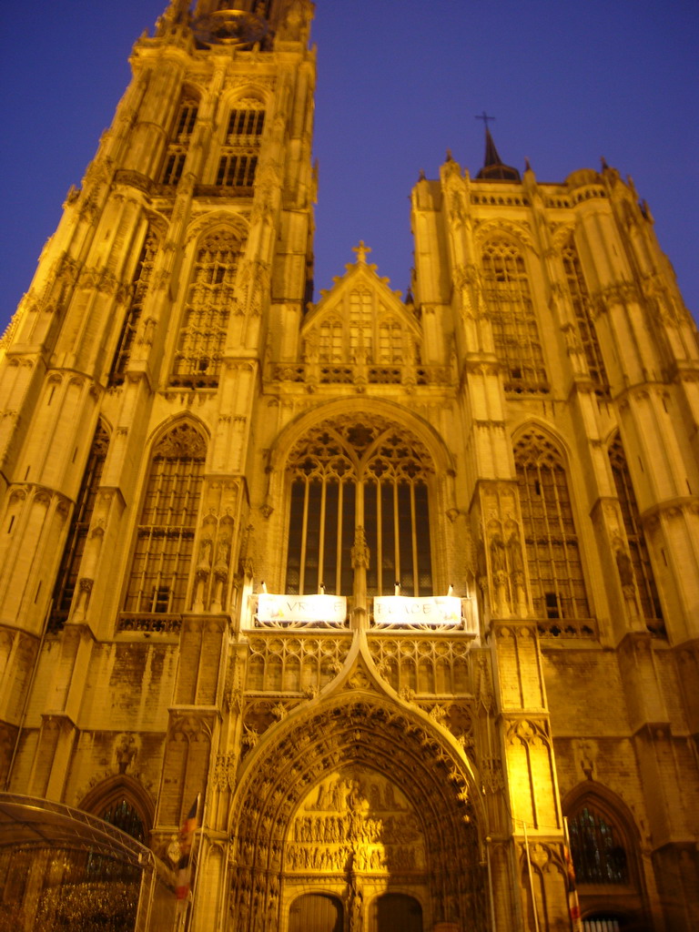 Facade of the Cathedral of Our Lady at the Handschoenmarkt square, by night