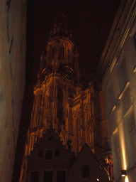 The Tower of the Cathedral of Our Lady, viewed from the Pelgrimstraat street, by night