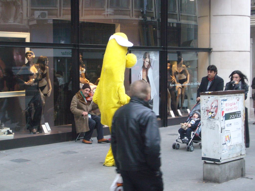 Man in a banana costume at the Meir street