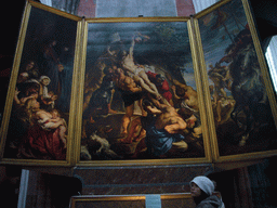 Miaomiao in front of the triptych `The Elevation of the Cross` by Peter Paul Rubens, at the Cathedral of Our Lady