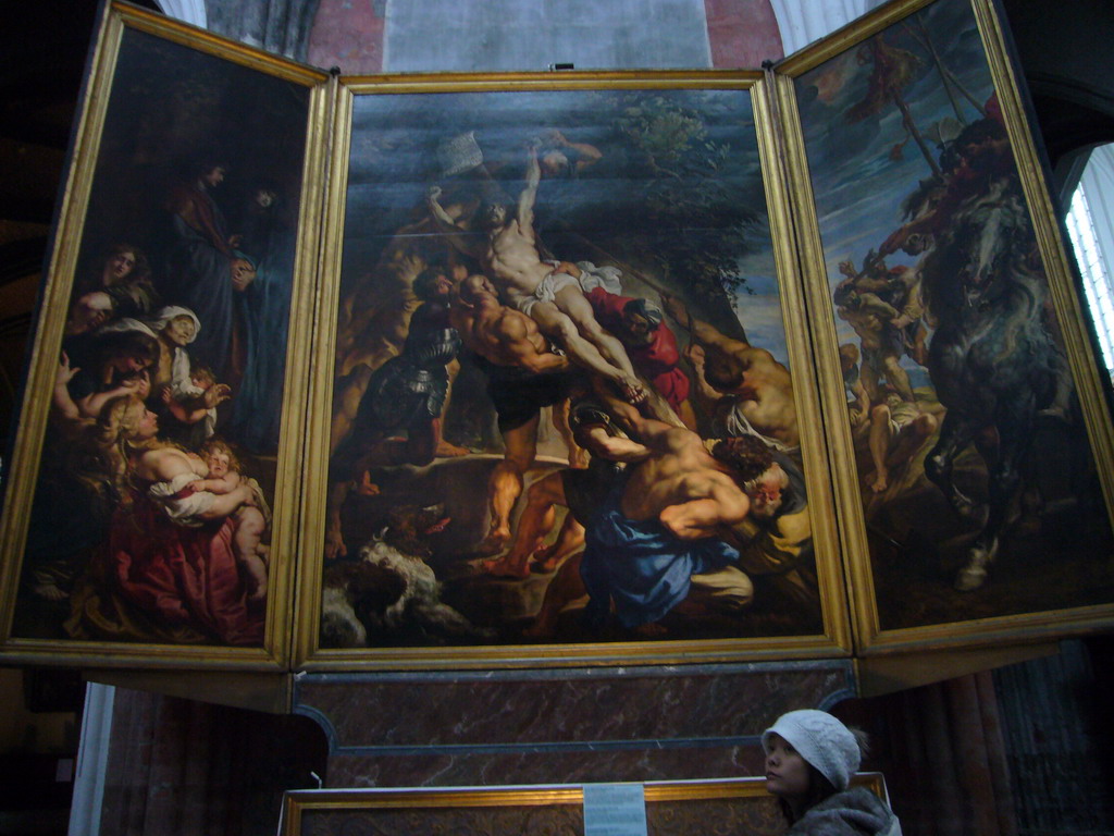 Miaomiao in front of the triptych `The Elevation of the Cross` by Peter Paul Rubens, at the Cathedral of Our Lady