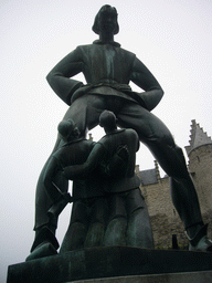 The Lange Wapper statue in front of the Het Steen castle at the Steenplein square