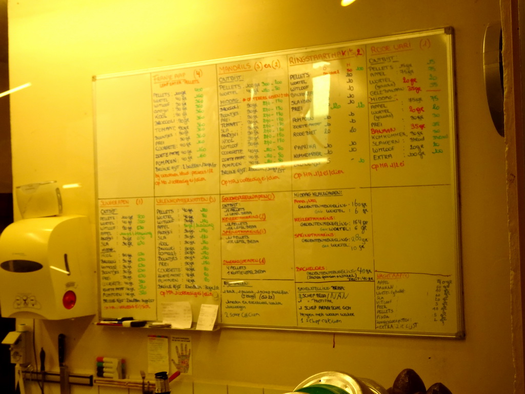 Food schemes in the kitchen of the Monkey Building at the Antwerp Zoo