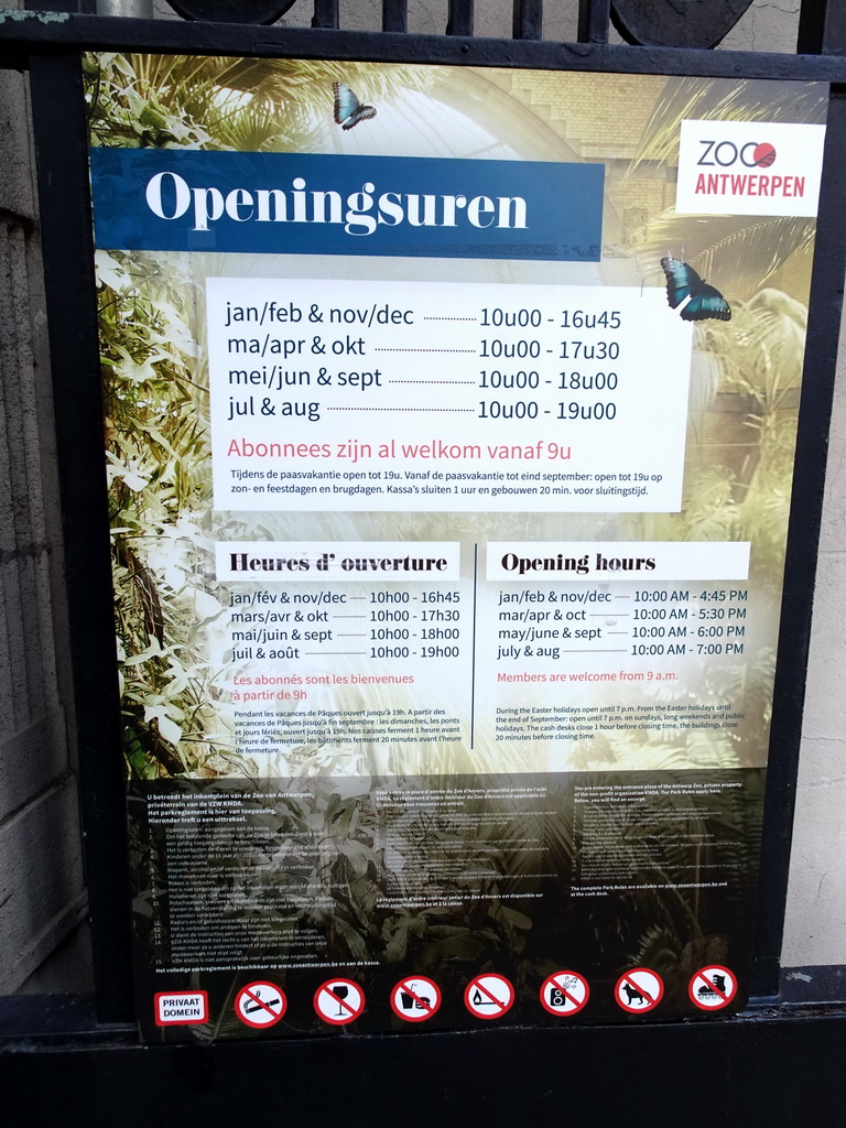 Information on the opening hours of the Antwerp Zoo