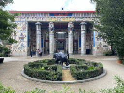 Elephant statue and the front of the Egyptian Temple at the Antwerp Zoo