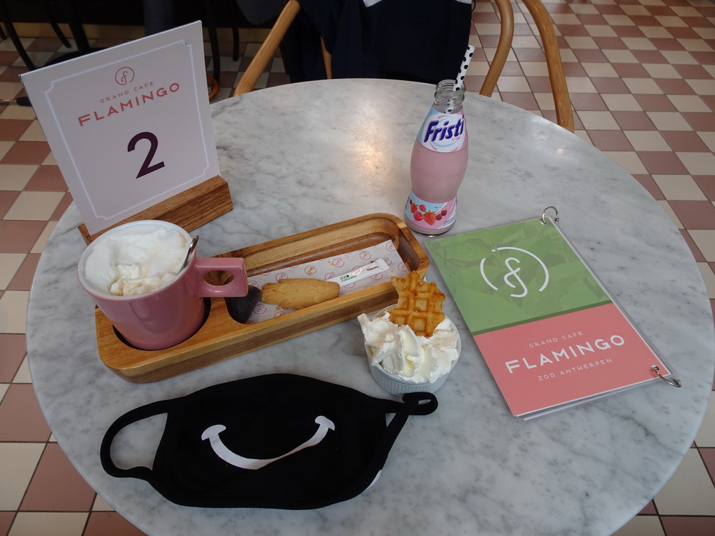Drinks, cookies and facial mask at the Grand Café Flamingo at the Antwerp Zoo