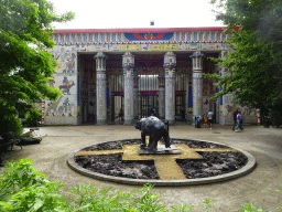 Elephant statue and the front of the Egyptian Temple at the Antwerp Zoo