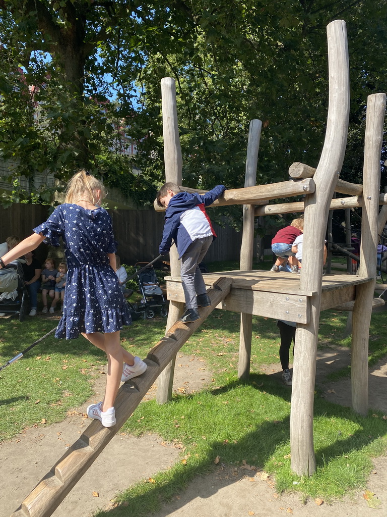 Max on a rope bridge at the Lion`s Path playground at the Antwerp Zoo