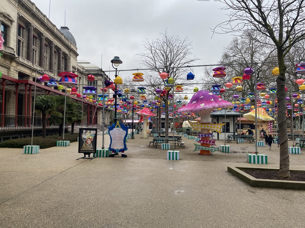 The Flamingo Square at the Antwerp Zoo, with decorations of the Alice in Wonderland Light Festival