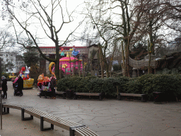 The playground in front of the Savanne Restaurant and decorations of the Alice in Wonderland Light Festival at the Antwerp Zoo