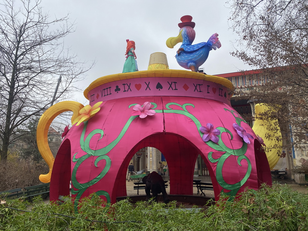 Back side of the decoration `The Thimble` of the Alice in Wonderland Light Festival at the Antwerp Zoo, viewed from the playground in front of the Savanne restaurant