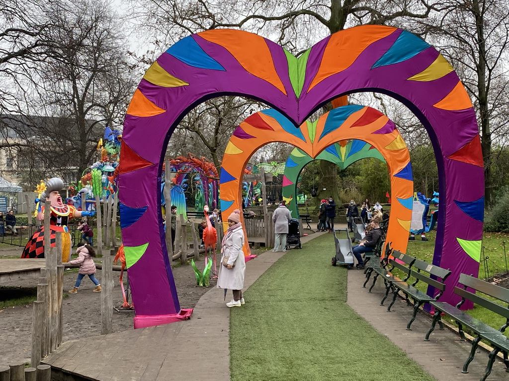 Decorations of the Alice in Wonderland Light Festival next to the Lion`s Path playground at the Antwerp Zoo