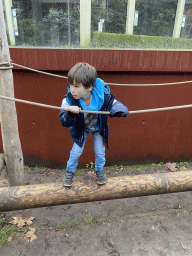 Max on a rope bridge at the Bear Valley playground at the Antwerp Zoo
