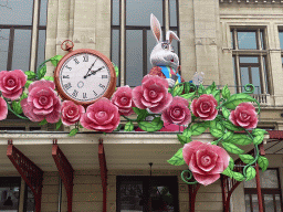 Decorations of the Alice in Wonderland Light Festival at the facade of the Queen Elisabeth Hall, viewed from the Flamingo Square at the Antwerp Zoo