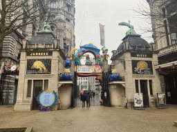 Back side of the entrance to the Antwerp Zoo at the Flamingo Square, with decorations of the Alice in Wonderland Light Festival