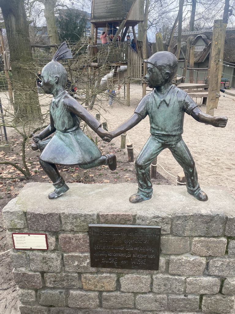 Statue of Spike and Suzy (Suske en Wiske) at the playground in front of the Savanne restaurant at the Antwerp Zoo