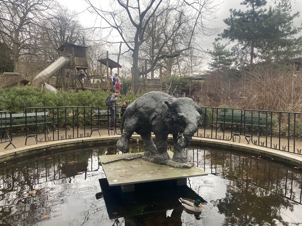 Elephant statue and the playground in front of the Savanne Restaurant at the Antwerp Zoo