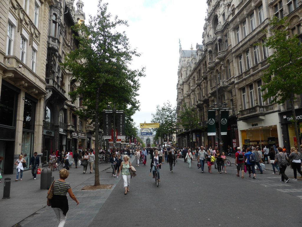 The Leysstraat street with the statue of David Teniers and the northwest side of the Antwerp Central Railway Station