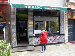 Miaomiao in front of the Korean Barbeque restaurant Arirang at the Statiestraat street