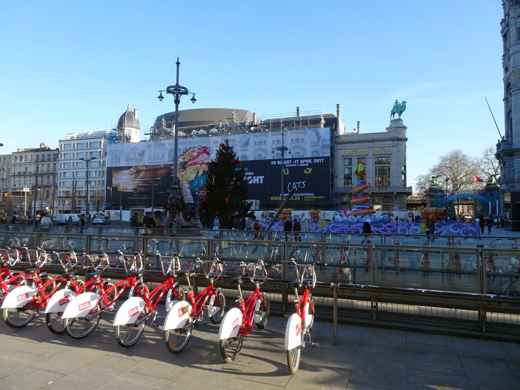 The Koningin Astridplein square with bikes, the entrance to the Antwerp Zoo and China Light statues