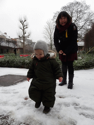 Miaomiao and Max in the snow at the Flemish Garden at the Antwerp Zoo
