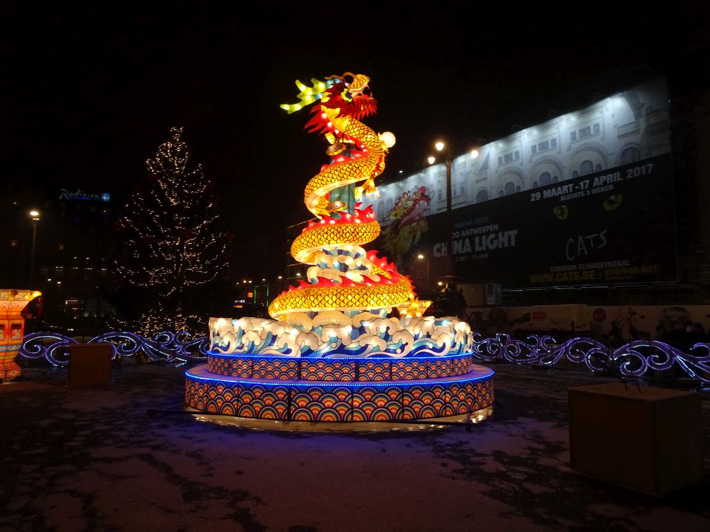 China Light Dragon statue and christmas tree at the Koningin Astridplein square, by night