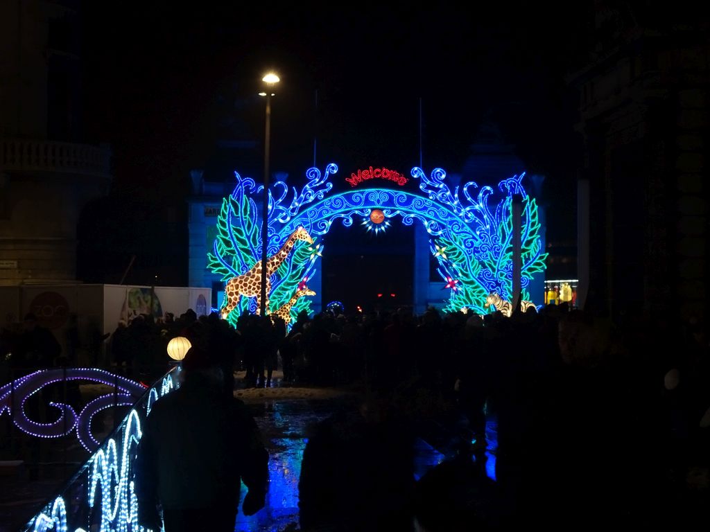 China Light Giraffe and Zebra statues at the entrance to the Antwerp Zoo at the Koningin Astridplein square, by night