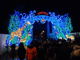 China Light Giraffe and Zebra statues at the entrance to the Antwerp Zoo at the Koningin Astridplein square, by night