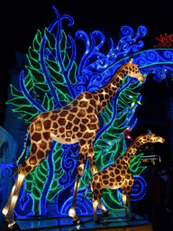 China Light Giraffe statues at the entrance to the Antwerp Zoo at the Koningin Astridplein square, by night