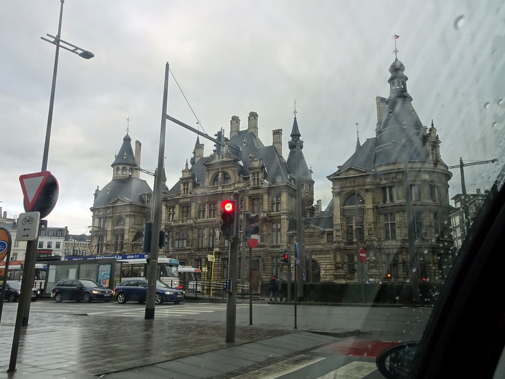 Front of the National Bank of Belgium building at the Frankrijklei street, viewed from the car