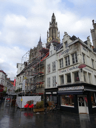 Restaurants at the Groenplaats square, and the tower of the Cathedral of Our Lady