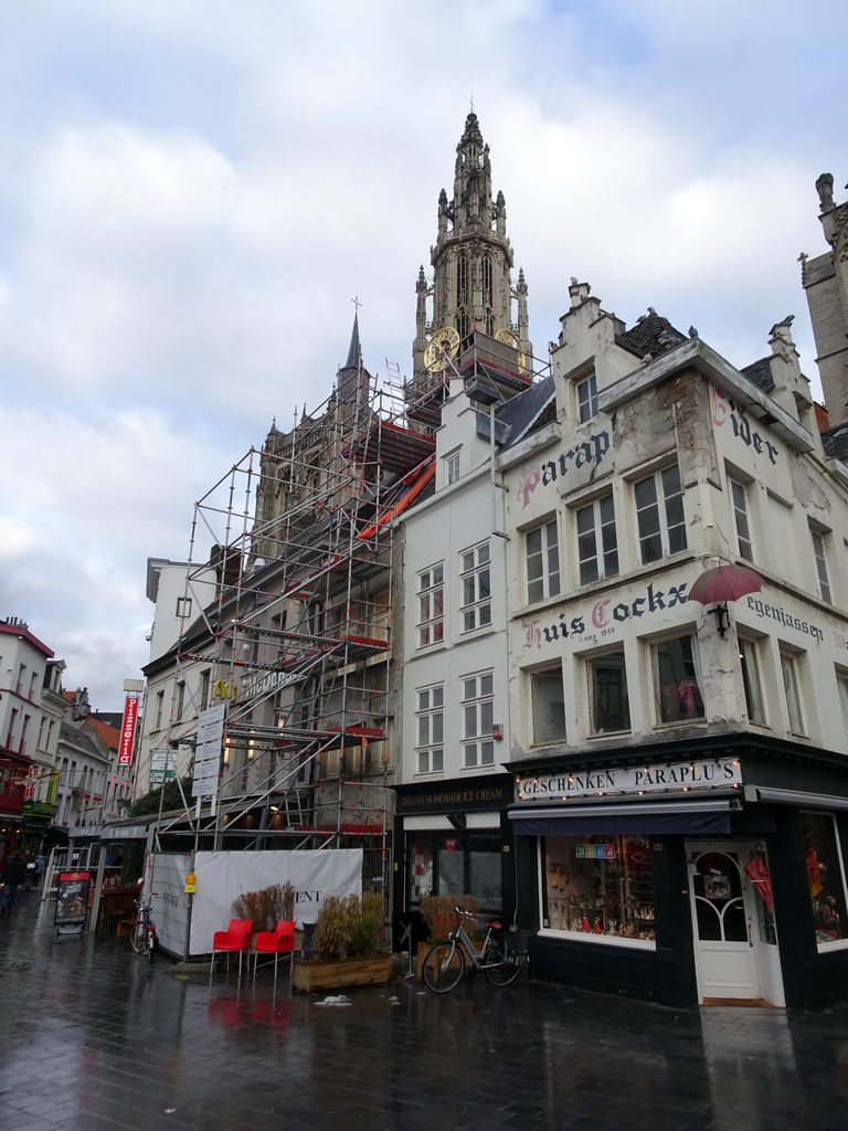 Restaurants at the Groenplaats square, and the tower of the Cathedral of Our Lady
