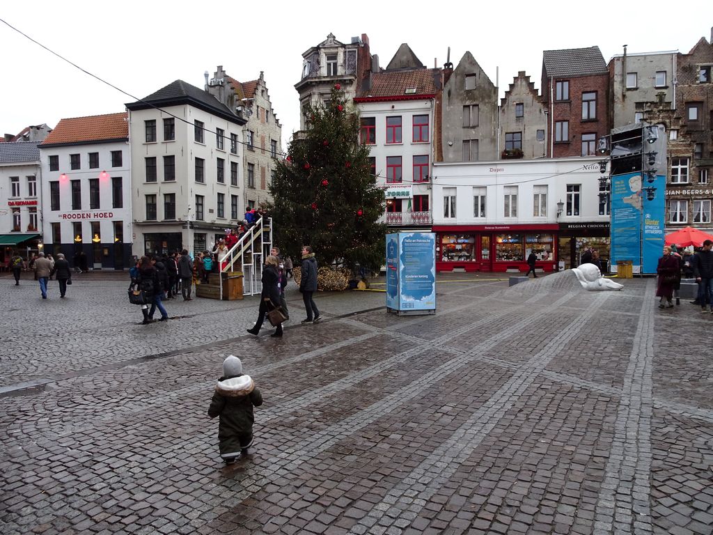 Max and a christmas tree at the Handschoenmarkt square