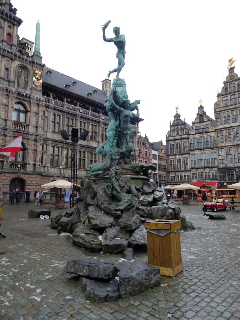 The Brabo Fountain and the right front of the Antwerp City Hall at the Grote Markt square
