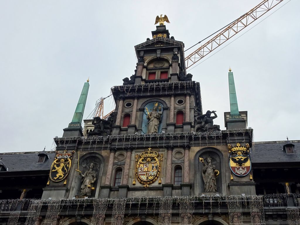 Top part of the facade of the Antwerp City Hall, viewed from the Grote Markt square