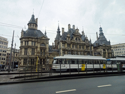 Front of the National Bank of Belgium building at the Frankrijklei street, viewed from the car