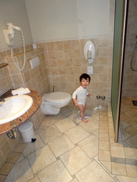 Max in our bathroom at the Plaza Hotel Antwerp