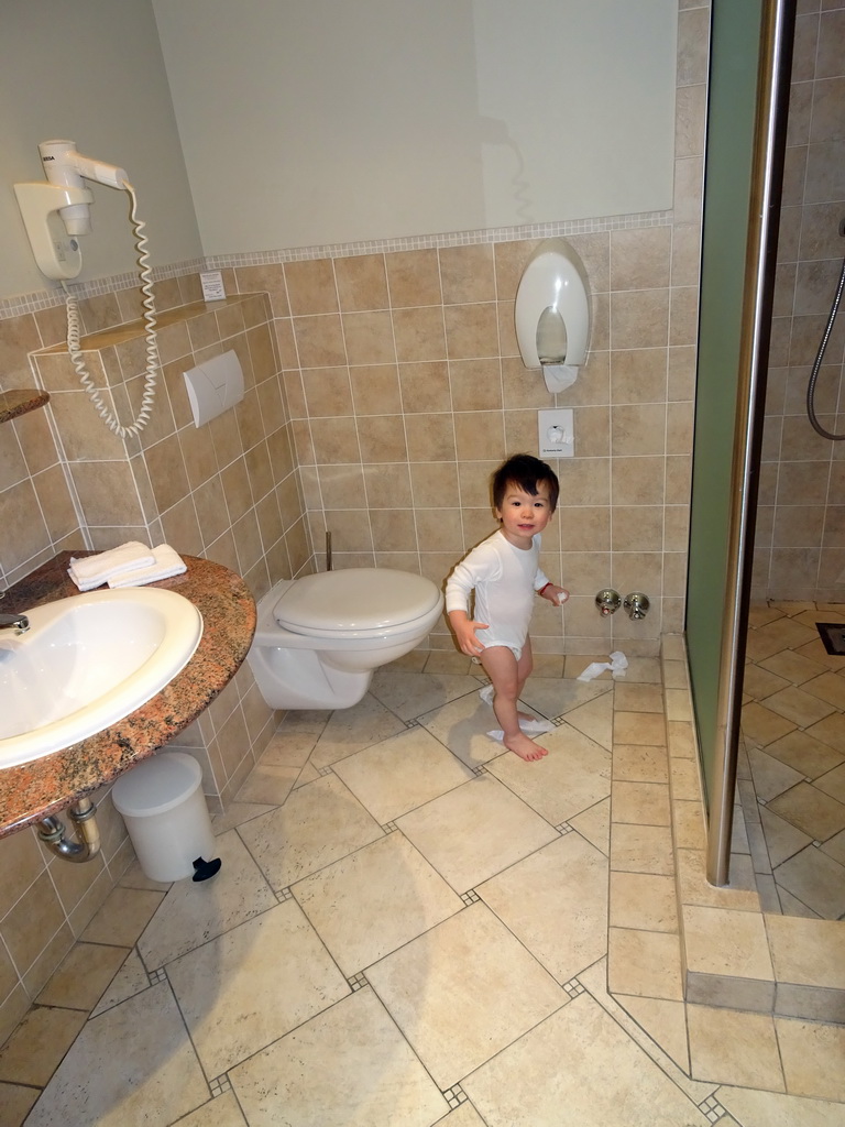 Max in our bathroom at the Plaza Hotel Antwerp