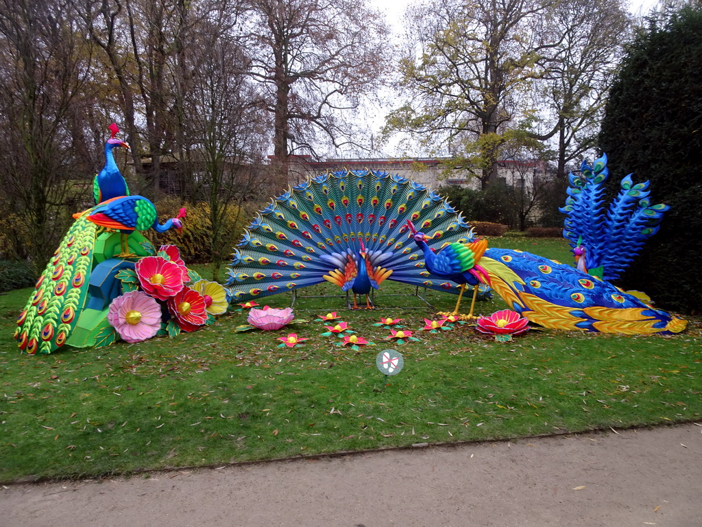 China Light Peacock statues at the Antwerp Zoo