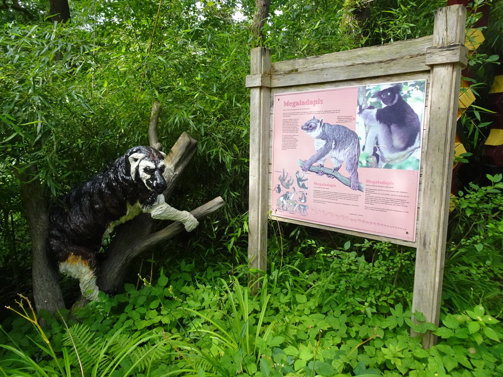 Statue of a Megaladapis at the Apenheul zoo, with information